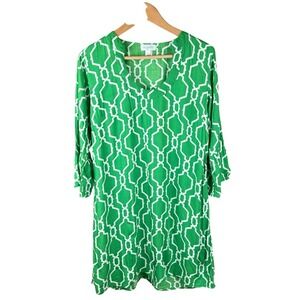 Escapada Green White Geometric Print V Neck Bell Sleeve Tunic Dress Size Large